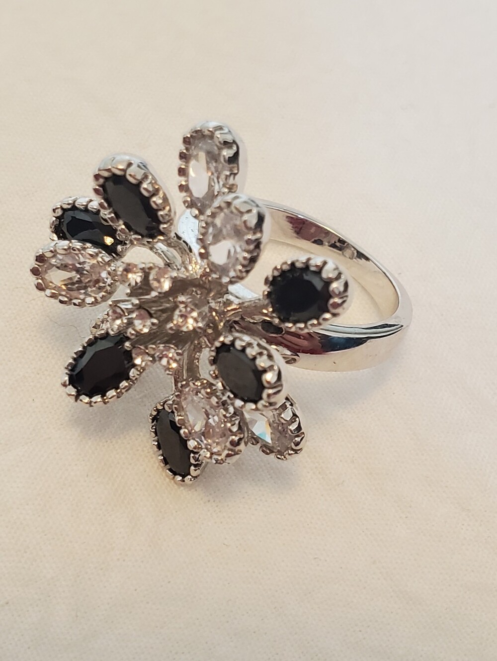Tivoli Flower Statement Ring with Black and Clear Stones